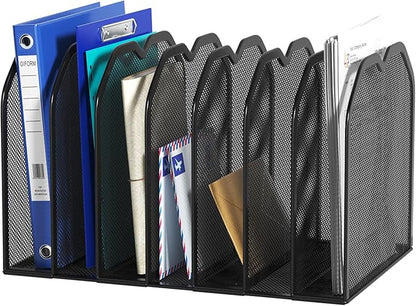 FANXIYQ Black 7-Section File Folder Organizer for Desk, Metal Vertical File Holder Stand, Desktop File Organizer Rack for Letter/A4 Folders, Papers, Books, Office Classroom Home