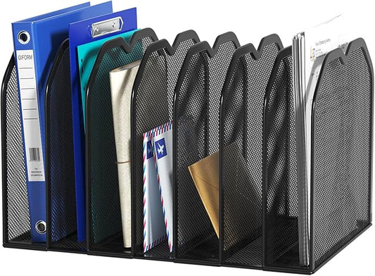 FANXIYQ Black 7-Section File Folder Organizer for Desk, Metal Vertical File Holder Stand, Desktop File Organizer Rack for Letter/A4 Folders, Papers, Books, Office Classroom Home