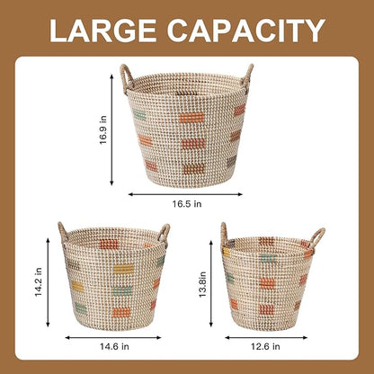 3 Pack Seagrass Storage Baskets for Organizing, Large Storage Bin with Handles, Woven Blanket Basket, Living Room Bedroom Laundry Room Home Decor for Toys Clothes Shoes Plant