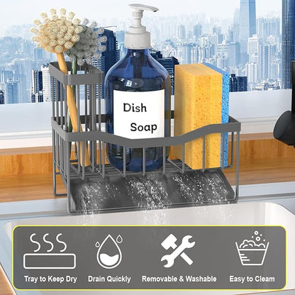 Fssvcd Maifan Sink Caddy Sponge Holder for Kitchen with Brush Holder and Stainless Steel Self Drain Tray, Rustproof Kitchen Sink Organizer for Sponge, Soap Dispenser Storage Accessories Dark Gray