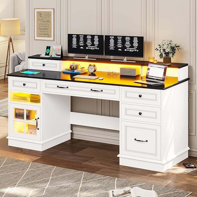BTHFST Executive Desk with File Drawer, Computer Desk with Monitor Stand, Home Office Desk with Drawers & Storage Cabinet, Writing Desk with Charging Station & LED Lights, White