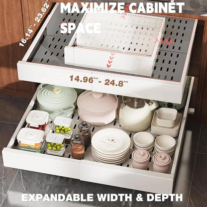 Seinloes Pull Out Cabinet Organizer,4-Side Expandable to Maximize Cabinet Space,Slide Out Drawers with 3 Rail Design,Roll Out Shelf with Raising Pad for Framed Cabinet,15"-25"W x 17"-24"D,White,2 Pack