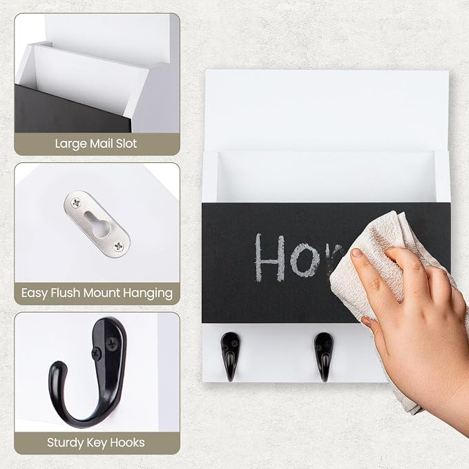 Key and Mail Holder for Wall Mount, Entryway Mail Holder with 2 Slot, Key Holder with 3 Sturdy Hooks for Coat, Dog Leash, Decorative Key Rack (8.86”W x 11.42”H x 3”D) (White)