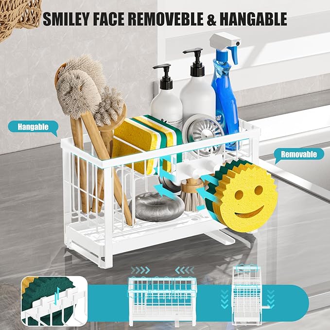 Taugast Sponge Holder for Kitchen Sink with Flexible Sponge Holder Smiley Face,2 Tier Kitchen Sink Organizer Countertop and Storage Essentials,Soap Dispenser Organize,Home Decor Accessories-White