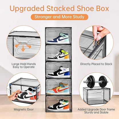New Gray 8 Pack Shoe Boxes Stackable, Large Shoe Storage Organizer with Lids,Drop Side Shoe Containers for Entryway,Sneaker Storage Fit up to US Size 13 for Men/Women(13’’x 10.6”x 8.3”)