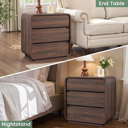 Walnut Nightstand with Charging Station, Modern Curved End Table with 3 Drawers, 25" Tall Wood Bedside Table, Mid Century Night Stand for Bedroom, Dorm, Sofa, Office