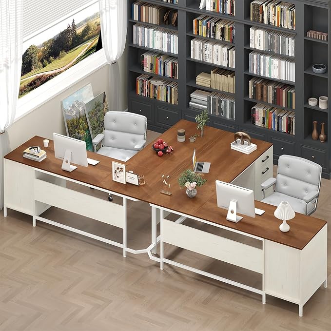 TVU 59’‘ L Shaped Desk with 6 Wood Drawers, Large Home Office Corner Computer Desk with Storage File Cabinet, Modern Metal Wood Desk for Executive Writing Study Workstation