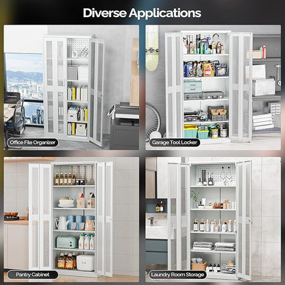 VINGLI Metal Garage Storage Cabinet with 2 Mesh Doors, Locking Steel Display Cabinet with Pegboards and 4 Adjustable Shelves, Ideal for Garage, Office, Pantry, Workshop(Gray, 32''W x 16''D x 71''H)