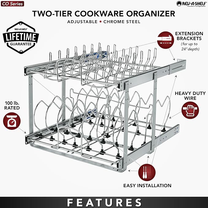 Rev-A-Shelf 2-Tier Kitchen Cabinet Pullout, Cabinet Organizer for Pots, Pans, and Lid Cookware, Adjustable Heavy Duty Wire, Chrome, Min Opening Width of 20.5", 5CW2-2122-C