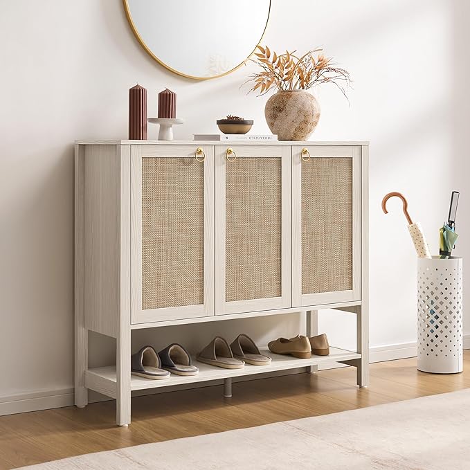 SICOTAS Rattan Shoe Cabinet with Storage - 30 Pairs Boho Shoe Organizer with 3 Doors & Adjustable Shelves, Large Farmhouse Shoe Rack Cabinet for Entryway, Hallway, Living Room (White)