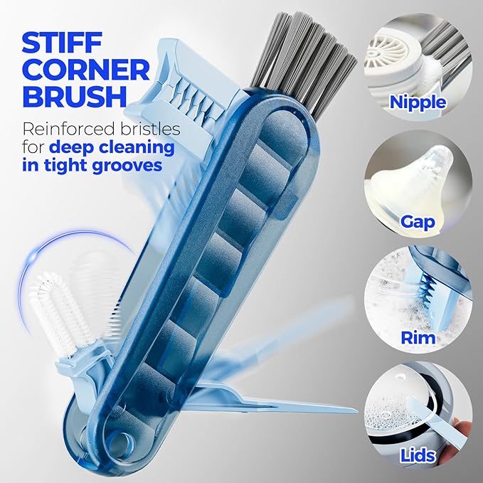 Holikme 6 Pack Bottle Brush Set, 14" Long Handle Stainless Steel Bottle Cleaner Brush, 3 Straw Brushes, 4-in-1 Bottle Cleaning Brush for Water Bottle, Baby Bottle, Blue&White
