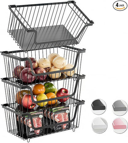GAOKASE 4 Pcs Stackable Wire Baskets for Pantry Organizers and Storage,Vegetable Fruit Basket for Countertop,Kitchen Storage Metal Baskets,Produce Potato Onion Storage Bin-Black