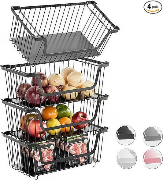 GAOKASE 4 Pcs Stackable Wire Baskets for Pantry Organizers and Storage,Vegetable Fruit Basket for Countertop,Kitchen Storage Metal Baskets,Produce Potato Onion Storage Bin-Black