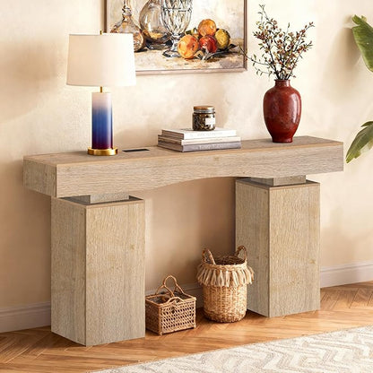 63 Inch Long Entryway Table Bold, Wooden Console Table with Socket Farmhouse Sofa Table for Entrance, Hallway, Living Room, Behind Couch(Oak Brown)