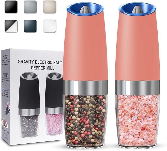 UNNEES Gravity Electric Salt and Pepper Grinder set of 2, Automatic Salt And Pepper Grinder Set, Adjustable Roughness, Battery Powered, LED Light, 2 Pack, (Pink)