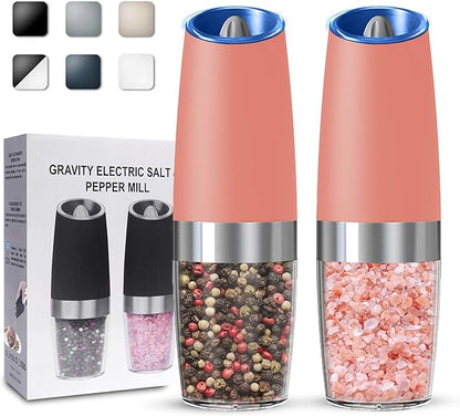 UNNEES Gravity Electric Salt and Pepper Grinder set of 2, Automatic Salt And Pepper Grinder Set, Adjustable Roughness, Battery Powered, LED Light, 2 Pack, (Pink)