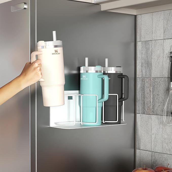 Sorbus Stanley Cup Organizer – 3-Cup Holder for Cabinet, Fridge, or Wall – Magnetic or Screw Mount – Stanley Storage Organizer for 20oz 30oz 40oz Cups, Tumblers, and Water Bottles (White 1-Pack)