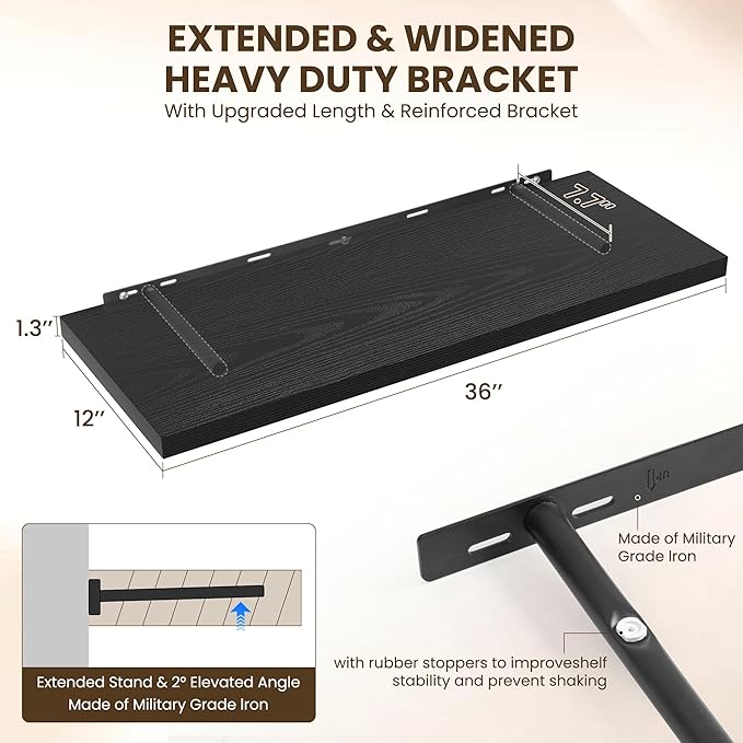 Dreamland 36" Floating Shelves for Wall, 12" Deep Slim Black Floating Shelves, Wall-Mounted Shelves for Bedroom, Living Room, Kitchen, Bathroom - Set of 2