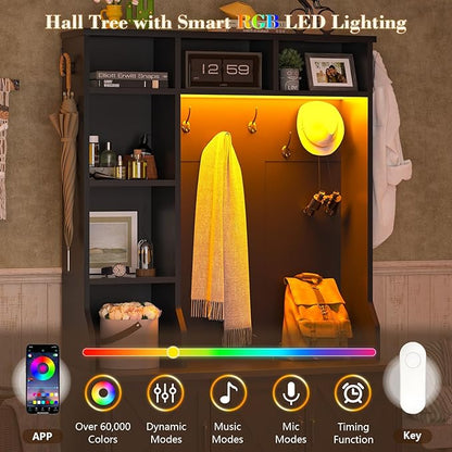 Hall Tree with Bench and Shoe Storage, Farmhouse Entryway Bench with Coat Racks and Led Lights, Black Tall Hall Tree with 7 Coat Hooks, 6 Storage Cubbies, Adjustable Shelf