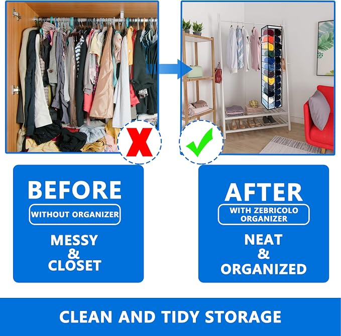 Legging Organizer for Closet Hanging, Legging Storage Bag Can Holds 24 Leggings Jeans or Shirts, Heavy Duty Metal Hooks for Over Door Storage, Wardrobe Clothes Storage - Black/White