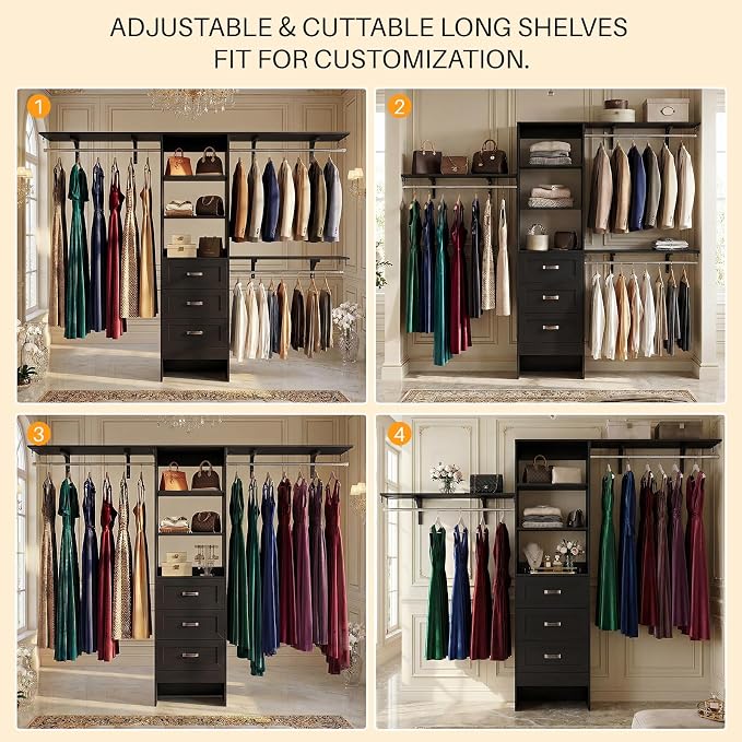8FT Closet System with 3 Curved Drawers, 96'' Wooden Walk-in Closet Organizer with 3 Top Shelves, Adjustable Organizer System with 3 Hanging Rods, Built-in Wardrobe Storage Rack for 4-8 ft, Black
