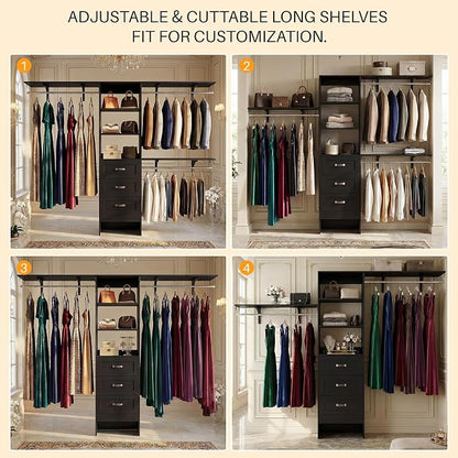 8FT Closet System with 3 Curved Drawers, 96'' Wooden Walk-in Closet Organizer with 3 Top Shelves, Adjustable Organizer System with 3 Hanging Rods, Built-in Wardrobe Storage Rack for 4-8 ft, Black