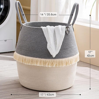 KAKAMAY Woven Baskets for Storage(17"x17"),Large Cotton Rope Woven Baby Laundry Hamper,Collapsible Laundry Basket, Blanket Basket for Organizing Living Room,Nursery,Pillows,Toy Chest(Grey)