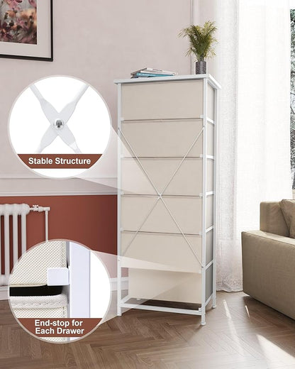 Crestlive Products Tall Dresser for Closet, Vertical Storage Tower - Sturdy Steel Frame, Wood Top, Easy Pull Fabric Bins Handles - Organizer Unit for Bedroom, Hallway, Entryway - 6 Drawers (Beige)