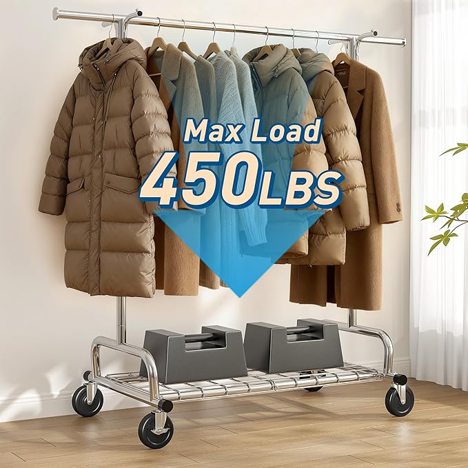 Raybee Heavy Duty Clothes Rack, 75''W Clothing Rack with 4 Hooks & Sturdy Wheels, 450 LBS Capacity, Rolling Garment Rack Holds 150 Clothes, for Bedroom/Laundry/Commercial Use, Silver