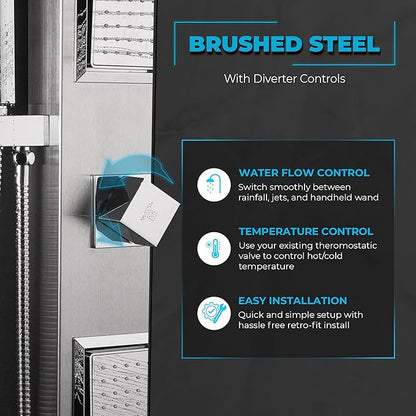 ANZZI Level 66" Body Massage 2-Jetted Shower Panel System with Heavy Rain Shower and Spray Wand in Black, Rainfall Waterfall Tower System with Handheld Shower, SP-AZ078BS