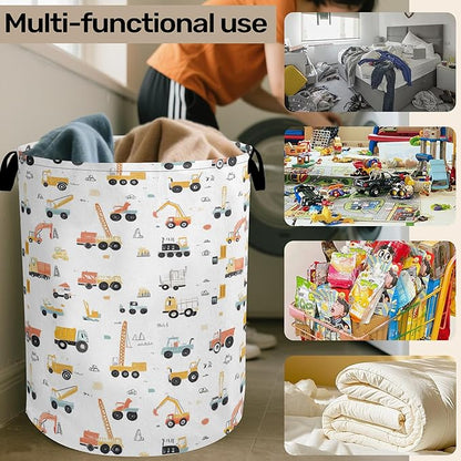 Cartoon Construction Vehicle Foldable Canvas Laundry Basket with Handles - Toy Organizer, Heavy Duty for Home，Bedroom, Dorm, Bathroom