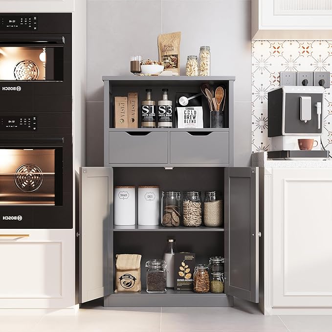 Shintenchi Floor Storage Cabinet, Bathroom Storage Organizer with Doors and Drawers, Freestanding Side Cupboard Pantry with Adjustable Shelf for Bathroom/Kitchen/Livingroom, Gray