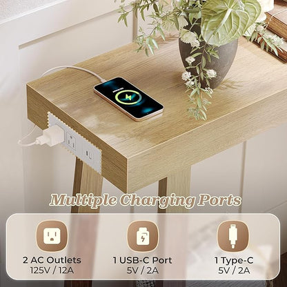 Huuger Entryway Console Table with Charging Station, USB-C Port, 39.4 Inch Sofa Table with Metal Legs, Entry Hallway Table with Thicker Desktop, Modern Behind Couch Table, Natural