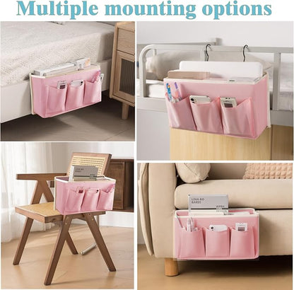 Bedside Caddy/Bedside Storage Organizer Hanging Bag with Three Options,Suitable for home beds, sofas, and dormitory beds—can hold magazines, books, phones, iPads, remote controls. (Pink)