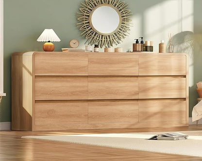 TEENFON 9 Drawer Dresser for Bedroom, 63" Wide Dressers & Chest of Drawers with Curved Profile Design, Wood Closet Storage Dressers Organizer for Bedroom, Living Room, Natural