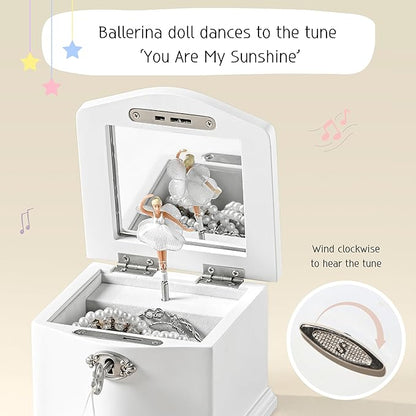 Wooden Musical Jewelry Box for girls with Mirror and Key Lock, Gift for Kids on Birthdays and Holidays (Pink, Small) (White, Small)
