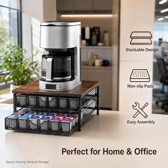 Coffee Pod Organizer 2 Tier Coffee Pod Drawer Holder 72 Capacity K Cup Coffee Capsule Storage Rack for Countertop Metal Coffee Pod Storage with Sliding Baskets for Home Office Coffee Station