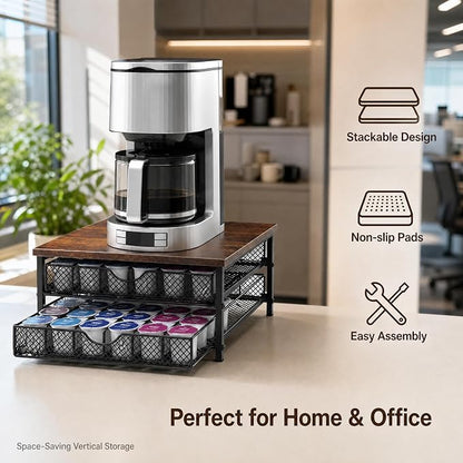 Coffee Pod Organizer 2 Tier Coffee Pod Drawer Holder 72 Capacity K Cup Coffee Capsule Storage Rack for Countertop Metal Coffee Pod Storage with Sliding Baskets for Home Office Coffee Station