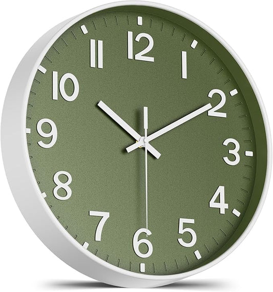 Wall Clock, Battery Operated, Modern Minimalist Design for Living Room, Office, Kitchen, Bedroom, and Bathroom – Quiet, Stylish, and Perfect for Any Room (Olive Green, 14 Inch)