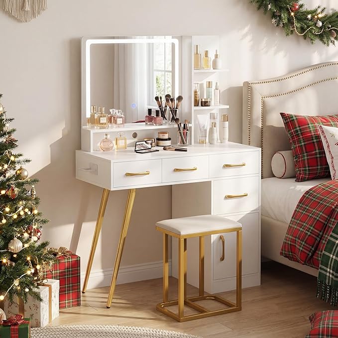 CHARMAID Vanity Desk with LED Mirror and Lights, Charging Station, 4 Drawers, Storage Cabinet & Shelves, Hair Dryer Holder, Modern Makeup Dressing Table with Stool for Bedroom, White & Gold
