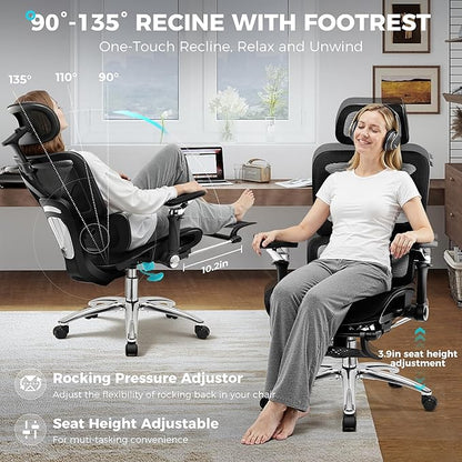 Ergonomic Office Chair with Footrest, Big and Tall Home Desk Chair, High Back Rolling Computer Chair with 5D Flip-Up Arms and Lumbar Support, Comfy Gaming Chair, Swivel Mesh Chairs, Black