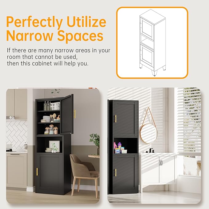Ckzbx Tall Narrow Storage Cabinet 66.93" H Tall Bathroom Cabinet Metal Pantry Cabinets, 4 Adjustable Shelves for Kitchen, Home Office, Living Room, Dinning Room (20 inches Wide Black)