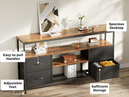 Huuger TV Stand Dresser with Power Outlets and LED Lights, 4 Drawers Entertainment Center with Shelves, 54 Inch Media Console for 55 60 Inch TV, PU Finish, Rustic Brown and Black