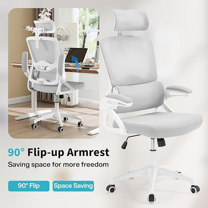 Ergonomic Office Chair,Mesh Office Chair with Lumbar Support,High Back Desk Chair with Flip-up Arms,400 lbs Big and Tall Computer Chair with Headrest,Comfy Desk Chairs (Light Grey)