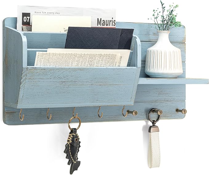 Rebee Vision Pine Wood Rustic Key Holder Wall Mount - Modern Key Holder for Wall with Mail Slot Can Store Letters and 8 Hooks Hanging Dog Leash - Apartment Essentials for Home Decor Aesthetic(Blue)