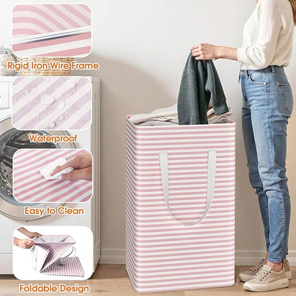 3 Pack Large Laundry Basket,Waterproof & Freestanding Laundry Hamper,Collapsible Clothes Hampers with Easy Carry Long & Reinforced Handles in Bathroom,College Dorm(88Lx3,Pink)