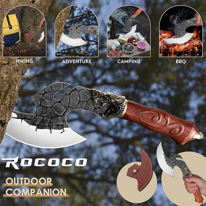 ROCOCO Viking Cleaver Knife Birthday - Butcher Meat Cutting Boning Knife Hand Forged Chinese Kitchen Axe with Sheath Home Outdoor BBQ Camping Chirstmas Mother Father Gift Men