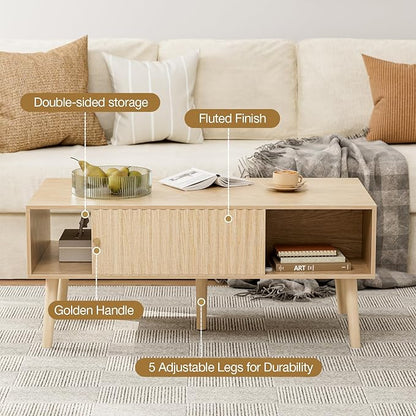 LCRBOL Coffee Table with Storage, Boho Dining Table with Sliding Fluted Door and Solid Wood Legs, Small Coffee Tables for Living Room, Oak
