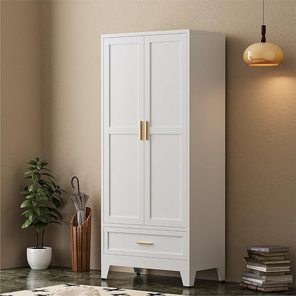 COFaR Wardrobe Closet, 71” Tall Metal Armoire with Hanging Rod, Adjustable Shelf & Drawer, Freestanding Steel Clothing Storage Cabinet with Doors for Bedroom, Office, Apartment (White)
