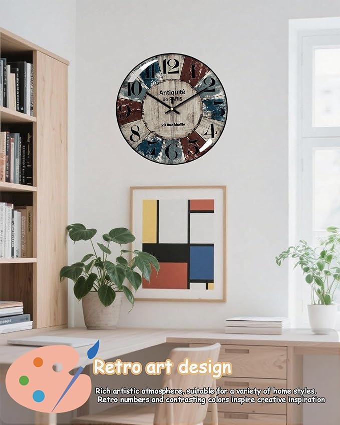 Decorative Wall Clocks Batterys Operated, Retro Wall Clock with Glass Dial, 12-Inch Dial with Roman Numerals, Silent and No Ticking, Suitable for Living Room, Bedroom, Dining Area, Workspace